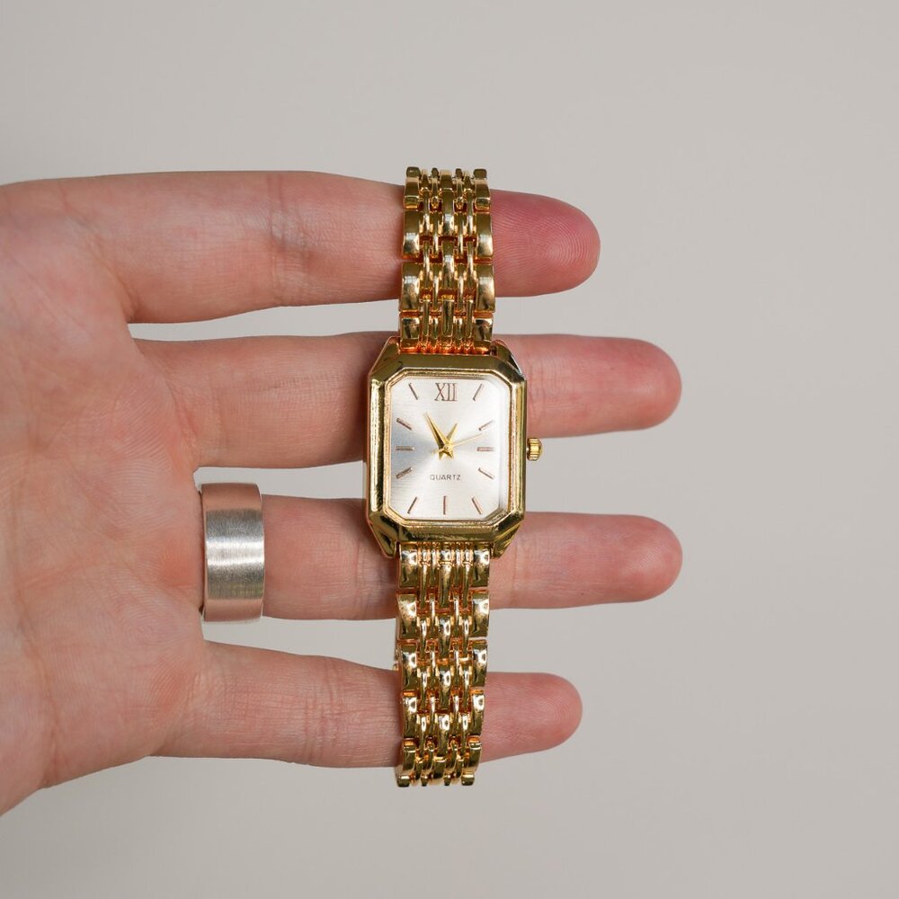 Gold Rectangle Analog Watch White Dial